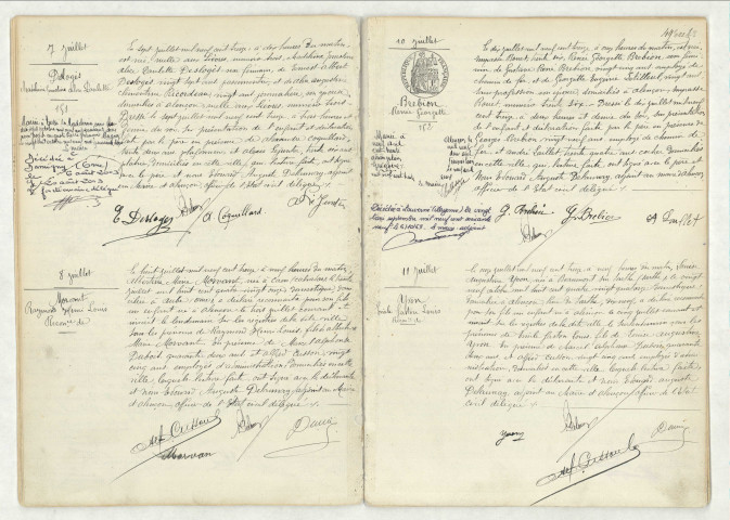 Acte de naissance de DESLOGES Madeleine Ernestine Alice Paulette (7 juillet 1913),reconnaissance de MORVANT Raymond Henri Louis (8 juillet 1913),acte de naissance de BREBION Renée Georgette (10 juillet 1913),reconnaissance de YVON Emile Gaston Louis (11 juillet 1913)
