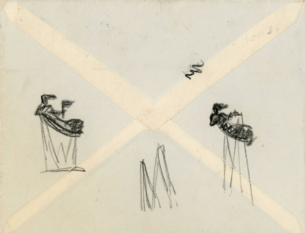 « de la matière jaillit l'industrie », 2 figures allongées sur une enveloppe (graphite sur papier) (René Letourneur, monogrammé en bas à gauche RL) (14cm x 11.5cm)