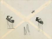 « de la matière jaillit l'industrie », 2 figures allongées sur une enveloppe (graphite sur papier) (René Letourneur, monogrammé en bas à gauche RL) (14cm x 11.5cm)