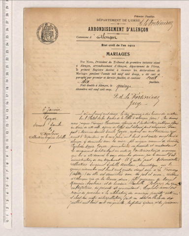 Registre des actes de mariage (1912).