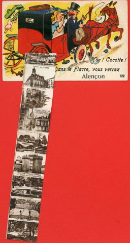 Alençon (Orne), "Hue ! Cocotte ! Dans le fiacre, vous verrez Alençon", carte postale humoristique à système couleur n°122, Artaud père et fils, éditeur, Nantes, éditions Gaby,1956, (14x9),AMA.