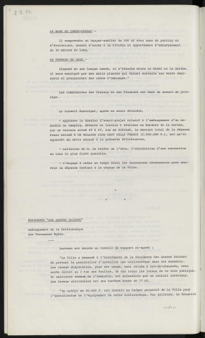 Tourisme, avant-projet d'aménagement d'un ensemble de camping détente et loisirs en bordure de Sarthe. Résidence "Les Quatre Saisons", aménagement de la bibliothèque des personnes âgées.