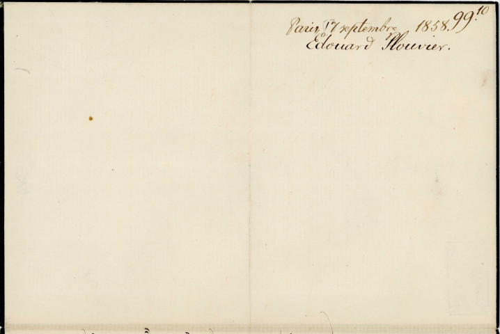 Lettre autographe signée de l'écrivain Edouard Plouvier à l'acteur Adolphe Laferrière (1858).