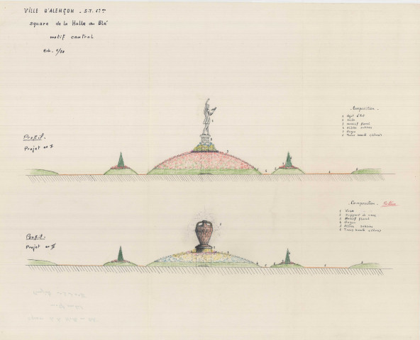 Square de la Halle au Blé, motif central, projet n°1 et n°2 (services techniques, éch : 1/50, 55.5x45).