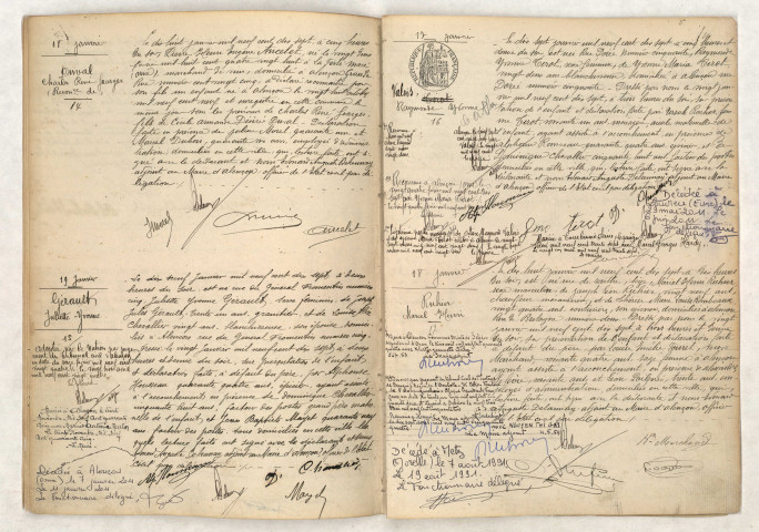 Reconnaissance de DUVAL Charles René Georges (18 janvier 1917), Acte de naissance de GÉRAULT Juliette Yvonne (19 janvier 1917), Acte de naissance de TIROT VALOIS Raymonde Yvonne (17 janvier 1917), Acte de naissance de RUHIER Marcel Henri (18 janvier 1917).