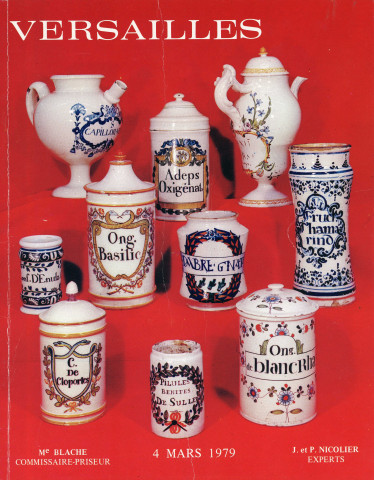 liquidation et préparation d'une vente aux enchères de la pharmacie Pesche : catalogue de la vente aux enchères de Versailles du 4 mars 1979, correspondance.