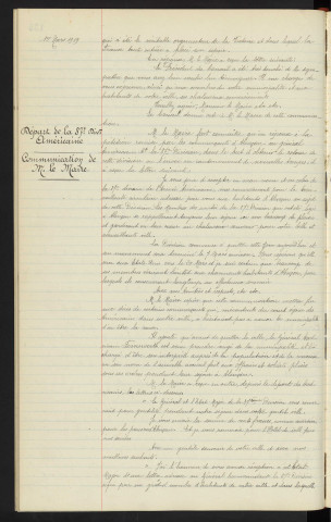 Lettre adressé à Mr CLEMENCEAU à l'occasion de l'attentat dont il à était victime, communication de Mr le Maire. Départ de la 37éme division Américaine, communication de Mr le Maire