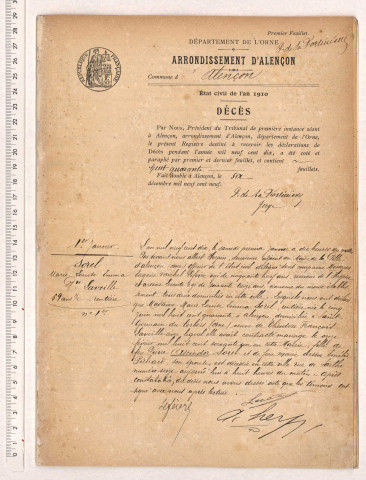Registre des actes de décès (1910).