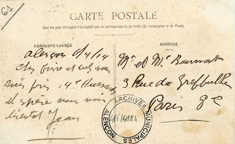 Alençon (Orne), 14e Hussards sur le champ de manœuvres, carte postale ancienne noir et blanc n°54, A.M.F. éditeur,(Date d'utilisation : 6 avril 1914), (14x9), AMA.