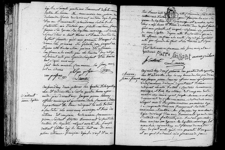 Acte de naissance de GUILPIN Félicité Rose Jacqueline (21 janvier 1796),acte de naissance de SAILLANT Anne Sophie (22 janvier 1796),acte de naissance de CHOISNE Jean François (22 janvier 1796).