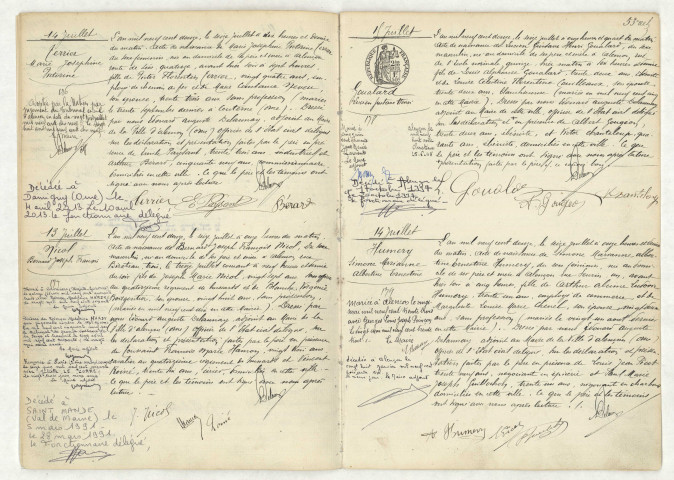 Acte de naissance de TERRIER Marie Joséphine Victorine (14 juillet 1912),acte de la naissance de NICOL Bernard Joseph François (13 juillet 1912),acte de naissance de GOUALARD Lucien Gustave Henri (15 juillet 1912),acte de naissance de HUMERY Simone Marianne Albertine Ernestine (14 juillet 1912).