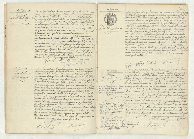 Reconnaissance de GASNOT Gaston Robert Alphonse (10 janvier 1911),acte de naissance de BOUTELOUP Louise Marie (8 janvier 1911),acte de naissance de PASSIF Adrien Edmond Marius (11 janvier 1911),acte de naissance de FRETIGNE Thérèse Jeanne Marie (14 janvier 1911).