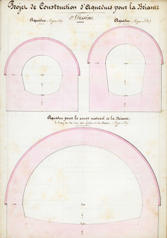 Assainissement de la Briante dans la traversée d'Alençon, exécution : plan profils en long (Muller, éch : 1/10, 1/100, 1855)