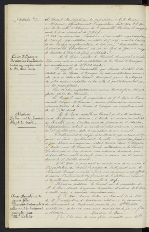 Acquisition de l'immeuble Charbonnel à usage de bureau d'Octroi Rue du Gué Guesnes, concurrents de l'adjudication M. ZANOTTI, vote de crédit supplémentaire. Caisse d'épargne, nomination d'administrateur en remplacement de M. PETIT décédé par M. LEMOINE. Abattoirs, enlèvement des fumiers, cultivateur M. LECAMUS Emile à la Ferrière Bochard, projet de traité. Cours secondaires de jeunes filles, demande d'indemnité de relèvement de traitement présentée par Mlle DELETIE