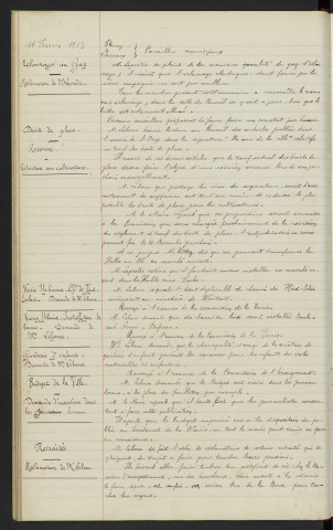 Service de eaux, commission spéciale, exposé de M. Doré. Eclairage au gaz, réclamation de M. Leprêtre. Droits de Place, révision, réduction aux cultivateurs. Voirie urbaine, Chemin de Haut-2clair, demande de M. Lebouc. Voirie urbaine, installations de bancs, demande de M. Lebouc. Garderie d'enfants, demande de M. Lebouc. Budget de la Ville, demande d'insertion dans les journaux locaux. Retraités, réclamation de M. Lebouc