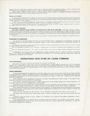 Instructions sur l'emploi du Viscosimètre et sur 'hématimètres cellules à numération : fiches techniques preciss n°340 (sd).