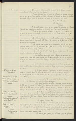 Vidanges des fosses d'aisances, Mr VOYET HUBLOC architecte, organisation d'un service municipal, vote de crédit. Vidanges des fosses d'aisances, assurances contre les accidents du personnel et des chevaux et voitures. Ecole maternelle de la Rue Lallemand, Mme JEANNE institutrice, entretien du matériel et du mobilier, vote de crédit supplémentaire, rapport