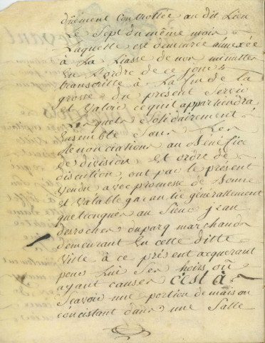 Contrat de vente entre le Sieur Jacob joseph Laterre, dame Jeanne Alix (fille de Nicolas Allix) son épouse et Jean Desroches Duparc, d'une partie de la maison sise 45-47 rue Cazault (29 octobre 1781).