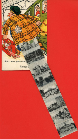 Alençon (Orne), "Sous mon pardessus vous verrez Alençon", carte postale humoristique à système couleur n°95, Artaud père et fils, éditeur, Nantes, éditions Gaby, (Date d'utilisation : 06 août 1951), (14x9), AMA.