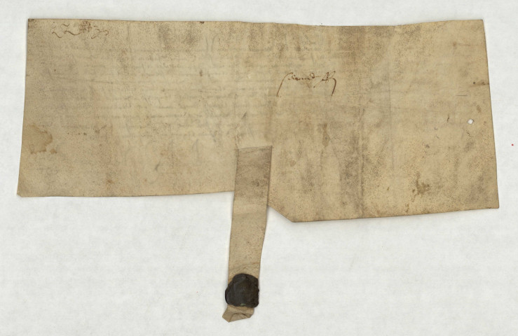 Acte de contre-scel des obligations de la châtellenie d'Alençon en date du 6 juin 1454 par lequel Jean du Mesnil, anobli par le duc d'Alençon, est autorisé à porter pour armoiries : un lion coupé d'or et d'argent, armé et lampassé de gueules sur un champ de sable ».