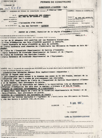 Cinéma "Normandy" à Alençon, projet d'aménagement en 3 salles, coupe transversal CD, coupe transversal EF, coupe longitudinal AB, sous-sol partiel, plan sous-sol partiel, niveau 1, permis de construire (architecte : Artémisios WANG , 1/100, 12/10/1977, modifié le : 15/02/1979, plan n°6503 4), papier.