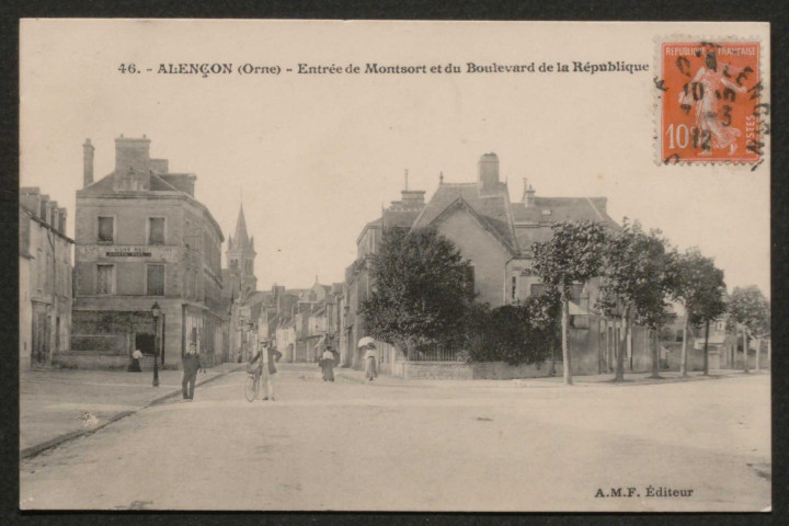 Alençon (Orne), Entrée de Montsort et du Boulevard de la République, carte postale ancienne noir et blanc n°46, A.M.F éditeur, (date d'utilisation : 7 mars 1912), (14x9), acquisition 2020, AMA.