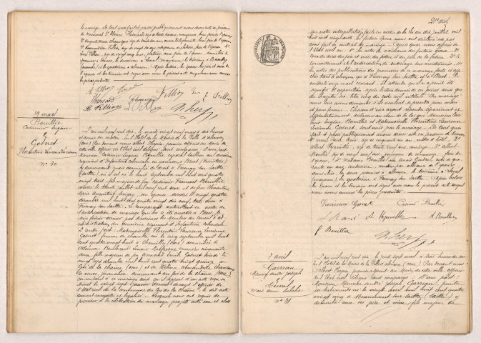 Acte de mariage de TIREL Emile Louis et FILLION Albertine Léontine (29 mars 1910), Acte de mariage de BOUILLIE Casimir Eugène et GOSNET Florentine Laurence Lucienne (29 mars 1910), Acte de mariage de GARREAU Maurice André Joseph et DUVAL Marie Anne Eulalie (07 avril 1910).