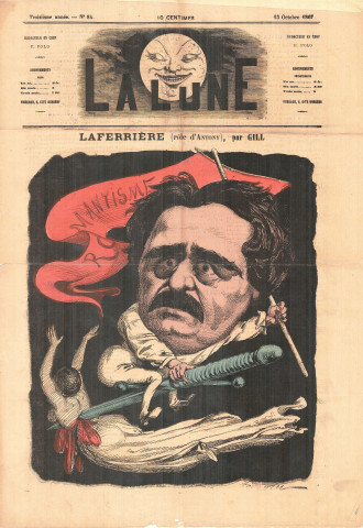 Caricature de l'acteur Adolphe Laferrière dans le rôle d'Antony par Gill, article sur l'histoire de la famille Laferrière, journal "La Lune", 3e année, n°84