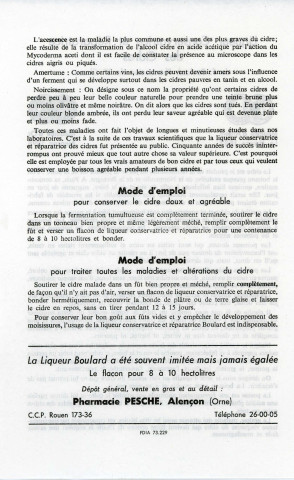 Notices sur la liqueur conservatrice et réparatrice des cidres de Félix Boulard, pharmacien de 1ère classe mis en vente par son successeur Raoul Pesche (1902-1930).