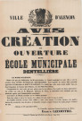 Création et ouverture d'une école municipale dentellière pour l'apprentissage du point d'Alençon, avis d'Eugène Lecointre, Maire d'Alençon : affiche (18 septembre 1874) (54 x 76.5)