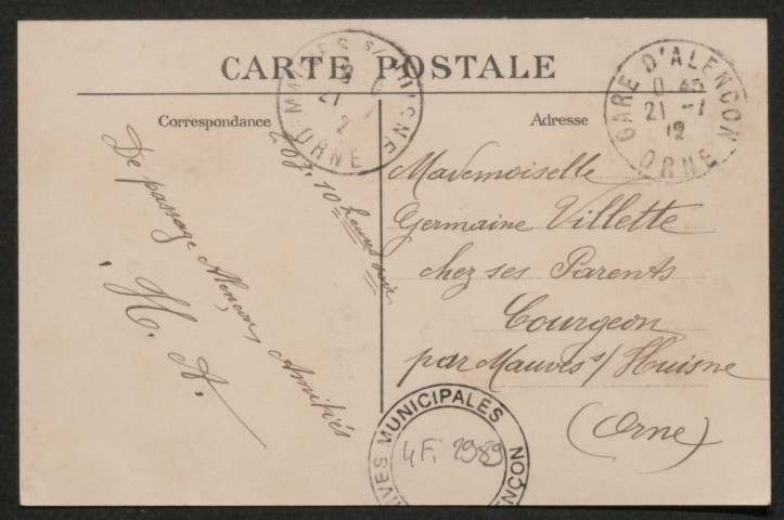 Alençon (Orne), Place d'Armes, carte postale ancienne noir et blanc n°41, A.M.F éditeur, [date cliché : ], (date d'utilisation : 21 juillet 1912), (14x9), AMA, 2 exemplaires.