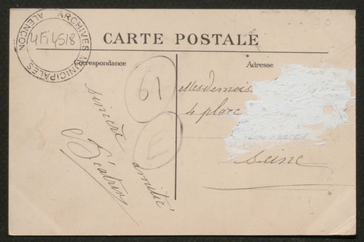 Alençon (Orne), Rue des Tisons, carte postale ancienne noir et blanc n°47, A.M.F éditeur, (date d'utilisation : 16 octobre 1912), (14x9), AMA.