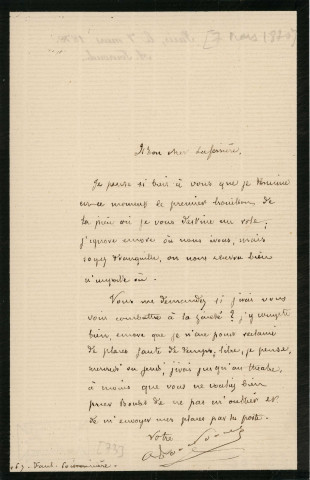 Lettre autographe signée de l'écrivain Alfred Edouard Touroude à l'acteur Adolphe Laferrière [7 mars 1870).
