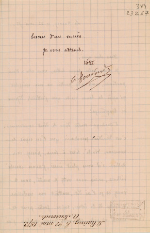 Lettre autographe signée de l'écrivain Alfred Edouard Touroude à l'acteur Adolphe Laferrière (22 mai 1872).