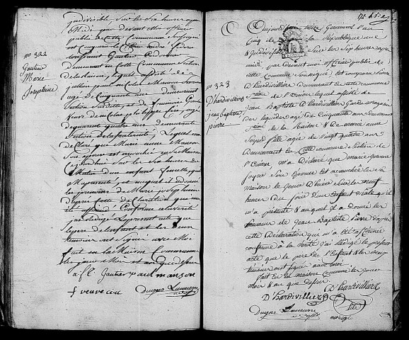 Acte de naissance de GAUTIER Marie Joséphine (20 mars 1797),acte de naissance de D'HARDIVILLIERS Jean Baptiste Pierre (1er avril 1797).