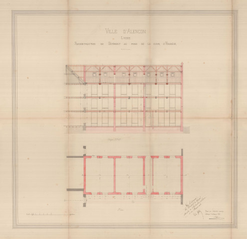 Lycée, reconstruction du bâtiment au fond de la cour d'Honneur, plan, coupe EFGH, (architecte L. Heureux) (18 mars 1881)