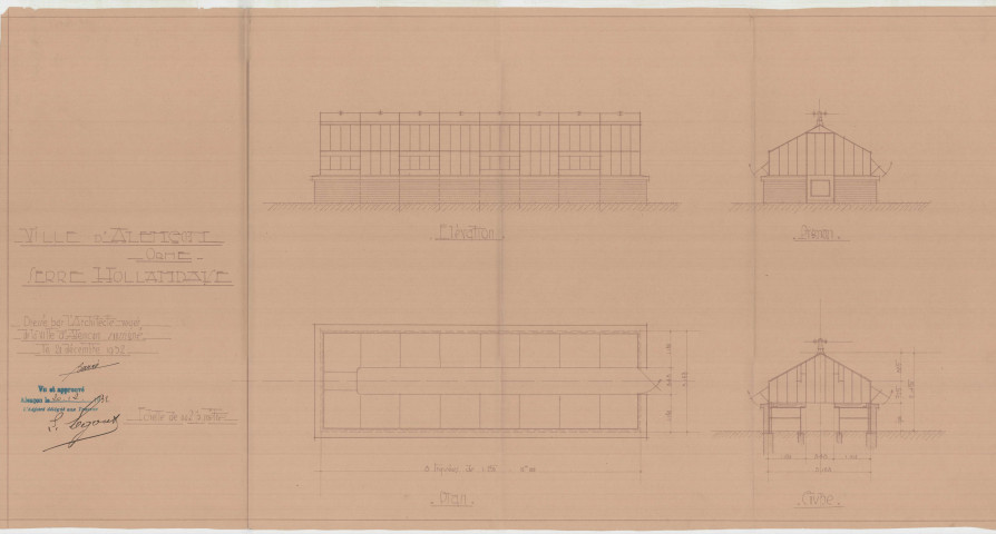 Parc des Promenades, construction d'une serre hollandaise, élévation, coupe, plan tirage papier (ech : 1/50) (56 x 48,5) (Janvier 1933).