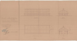 Parc des Promenades, construction d'une serre hollandaise, élévation, coupe, plan tirage papier (ech : 1/50) (56 x 48,5) (Janvier 1933).