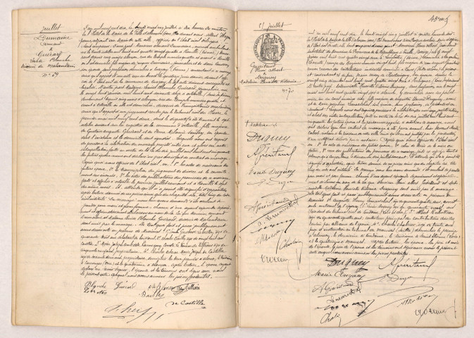Acte de mariage de DUMAINE Armand et GUÉRARD Louise Blanche divorcée de MALAUDAIN (25 juillet 1910), Acte de mariage de GUÉRITAND Henri Albert et DUGUEY Madeleine Henriette Victorine (25 juillet 1910).