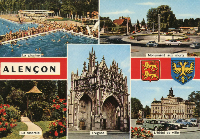 Alençon (Orne), la piscine, le monument aux morts, la roseraie, l'église Notre-Dame, l'Hôtel de Ville, carte postale multivues semi-moderne n°103, Artaud frères, éditeur, Nantes-Carquefou, sd, (15x10,5), AMA.