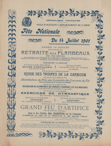 Fête nationale 14 juillet 1901 : affiche Imprimerie Albert Manier, (85x124).