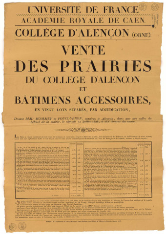 Université de France, Académie Royale de Caen, vente des prairies du collège d'Alençon et bâtiments accessoires en vingt lots séparés, par adjudication (12 juillet 1828), affiche, Imprimerie Poulet-Malassis.