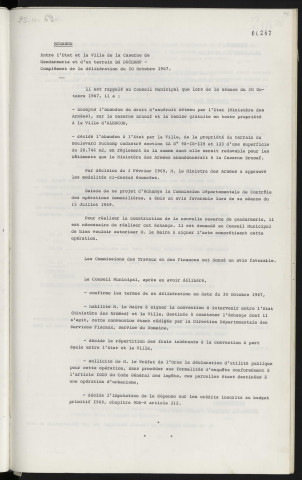 Échange entre l'état et la ville de la caserne de gendarmerie et d'un terrain boulevard Duchamp, complément de la délibération du 30 Octobre 1967.