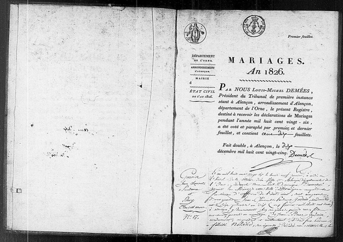 Registre des actes de mariage (1826).