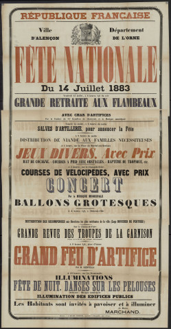 Fête nationale du quatorze juillet 1883, signé le Maire Marchand, Renaut-de-Broise imprimeur Lithographe, affiche (186cm x 90cm).