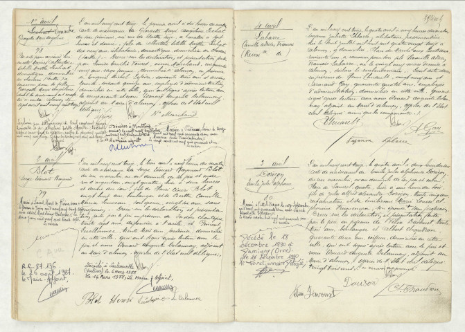 Acte de naissance de LEMAITRE Georgette Marie Angéline (1er avril 1913),acte de naissance de BLOT Serge Edouard Raymond (2 avril 1913),reconnaissance de LABARRE Camille Adrien François (4 avril 1913),acte de naissance de DORIZON Emile Jules Alphonse (3 avril 1913).