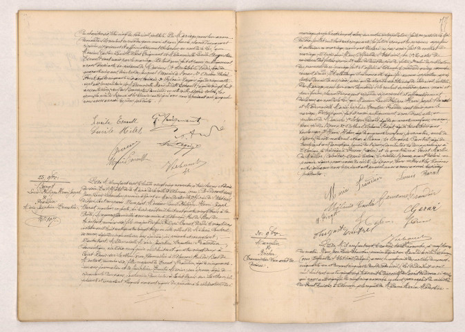Acte de mariage de TRIQUANT Gaston Louis Albert et ESNAULT Lucile Augustine (25 Novembre1907), BARAT Louis Philippe Henri Joseph et FRAUDIN Marie Joséphine Ernestine (25 Novembre 1907), Transcription d'un jugement de divorce de MARCELIN et RICHER (30 Novembre 1907).