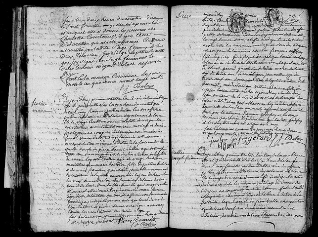 Acte de naissance de CHEVRIER Charlotte Constance enfant naturel (18 février 1795),acte de naissance de BOUTELOU Frosine Marie enfant naturel (18 février 1795),acte de naissance de BOISSIERE Pierre enfant naturel (19 février 1795),acte de naissance de VALLEE Joseph Frédéric (19 février 1795).
