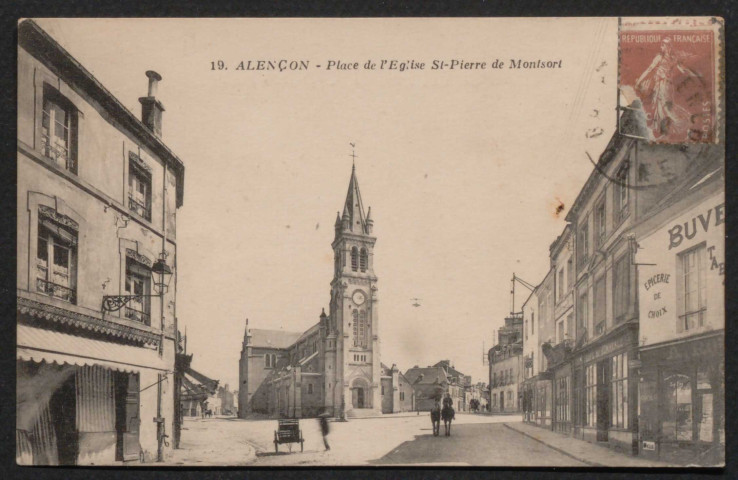 Alençon (Orne), Place de l'Église Saint-Pierre de Montsort, carte postale ancienne noir et blanc n°19, Arecole Nantes, (date d'utilisation : 7 septembre 1929) (14x9), acquisition 2020, AMA.