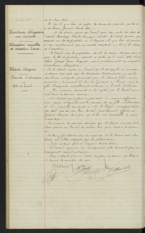 Recrutement, soutiens de famille : avis du Conseil. Assistance obligatoire aux vieillards, admissions nouvelles et mutations diverses. Aliénés indigents, demande d'admission : avis du Conseil